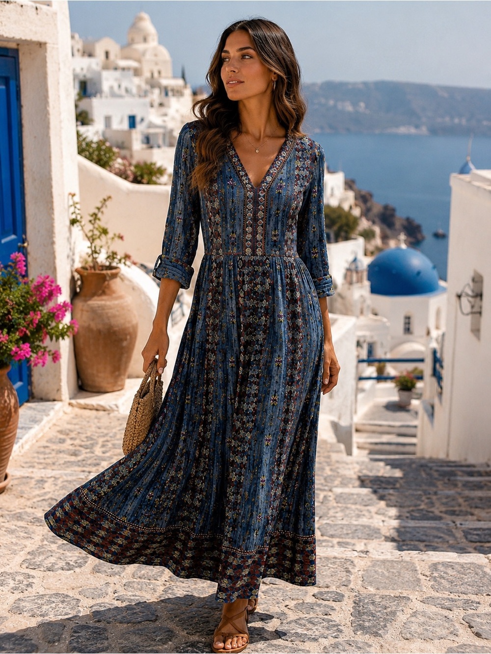 Soft Surroundings Boho Maxi Dress Size 12 Blue Printed Empire Waist